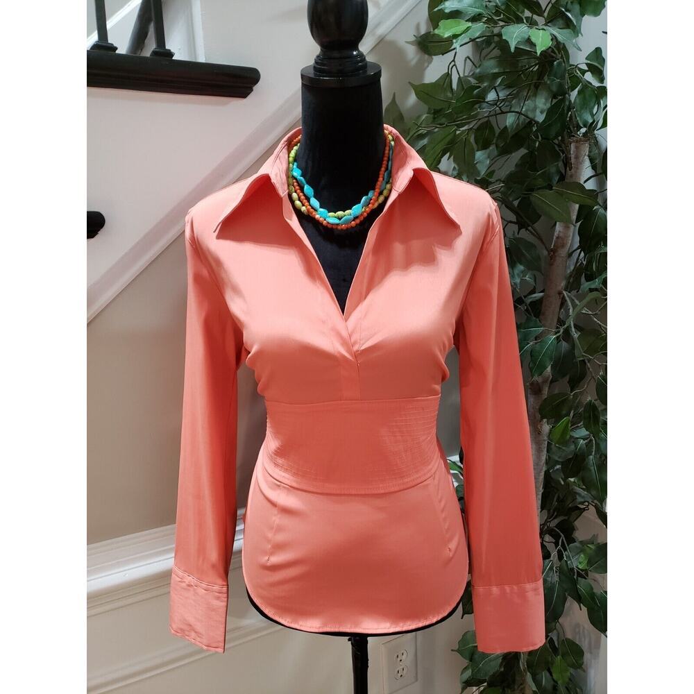 Cotton Works Coral Solid Polyester Casual V-Neck Long Sleeve Top Blouse Large